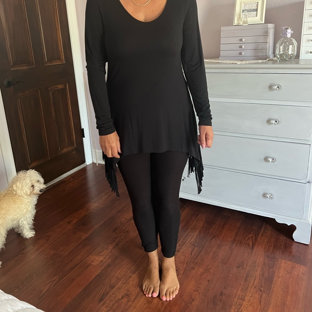 Venus Black Long Sleeve Top With Fringe Detail